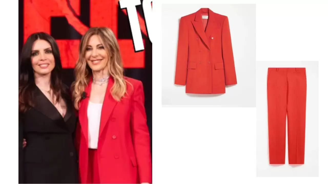 Belve, Francesca Fagnani con tailleur rosso 16/04: costo e brand