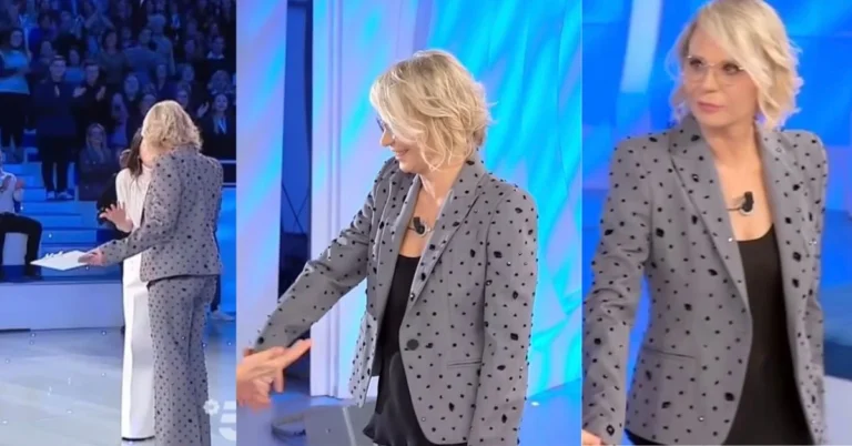 maria-de-filippi-tailleur-grigio-con-pietre